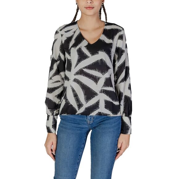 Jacqueline De Yong Geometric Print Blouse Long Sleeve VNeck Top Women black